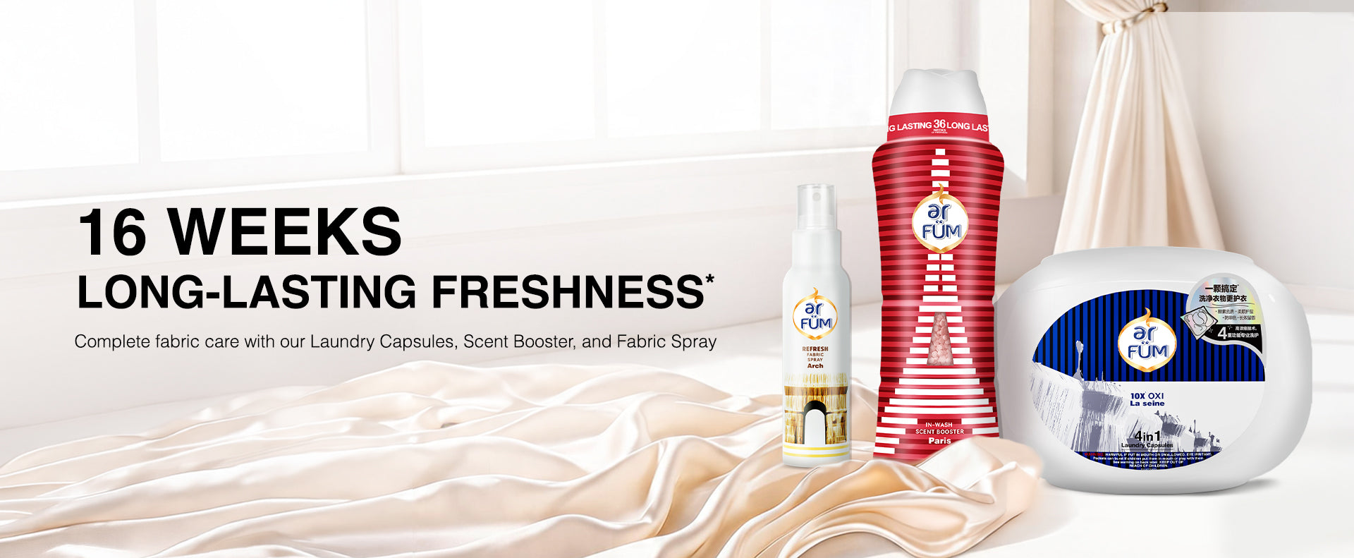 Long lasting freshness for up to 16 weeks. Effortless cleaning with Capsules, Beads and Fabric Spray for long lasting fragrance.